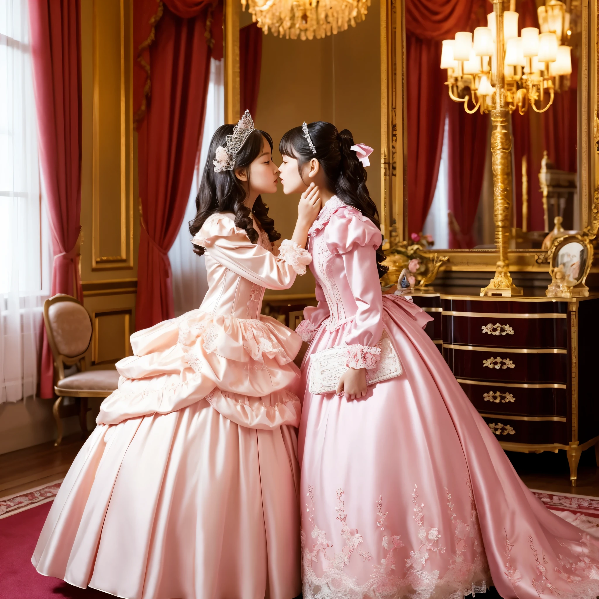 highest quality, masterpiece, highest resolution, artwork, super それにget used to it, many get used to it, get used to it, それにget used to it, woman, ,the two girls are princesses,pink victorian voluminous ball gown dress,long sleeve,long dress,A dress with lots of frills and ribbons..,luxury,Tzu-kiss,inside the palace bedroom,後ろにluxuryな天蓋ベッド,
