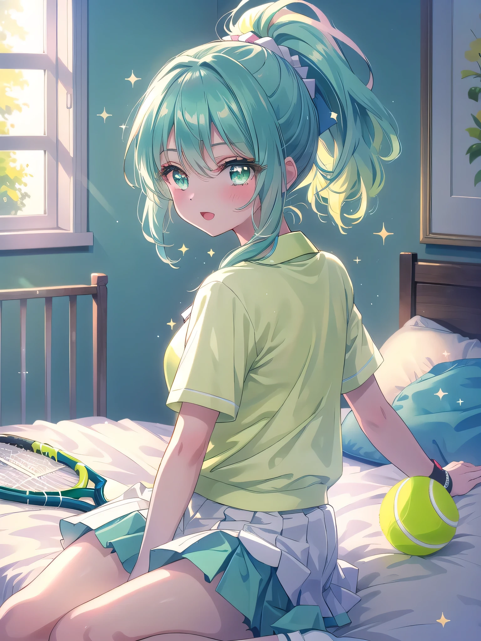 ((8k, Highest quality, masterpiece: 1.3)),Ultra-high resolution,(1 girl, alone), (Color changing eyes, Ultra-detailed, Expressive brilliance, Glitter, Glowing Eyes), Highly detailed eyes, Highly detailed face, Random Hair, ((pastel colour)),A cheerful young woman with pastel mint-green hair styled into a high ponytail, sitting on the edge of her bed in her sunlit bedroom during a bright afternoon. She is dressed in a cute yet subtly sexy tennis player cosplay, wearing a pleated white skirt, a fitted polo shirt, and a sweatband on her wrist. The camera captures her from a frontal angle as she playfully swings a tennis racket, her expression full of energy and joy. The room is filled with warm sunlight, with a tennis bag resting beside the bed, a few scattered tennis balls, and a vibrant, sporty atmosphere.