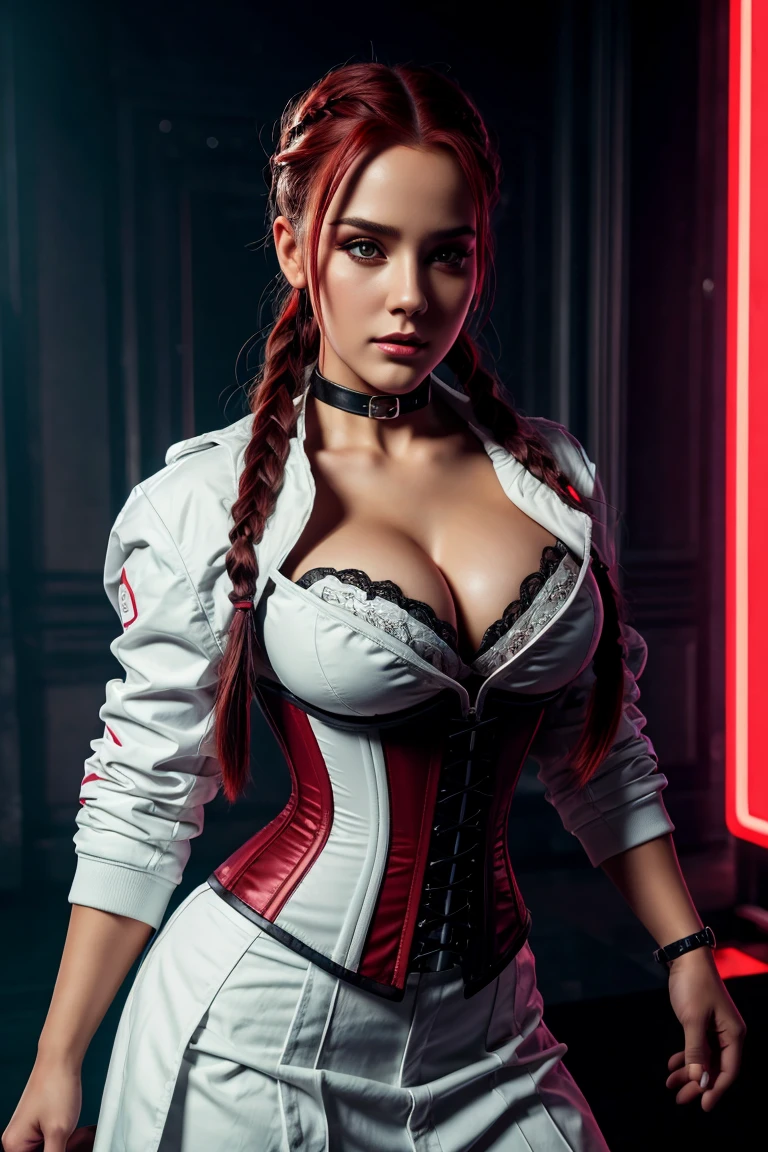 1girl, portrait of beautiful lobapex, athletic, white jacket, corset, skirt, pants, black hair, red hair, braids, makeup, choker, cleavage, wide hips, volumetric lighting, best quality, masterpiece, intricate details, tonemapping, sharp focus, hyper detailed, trending on Artstation, realistic  