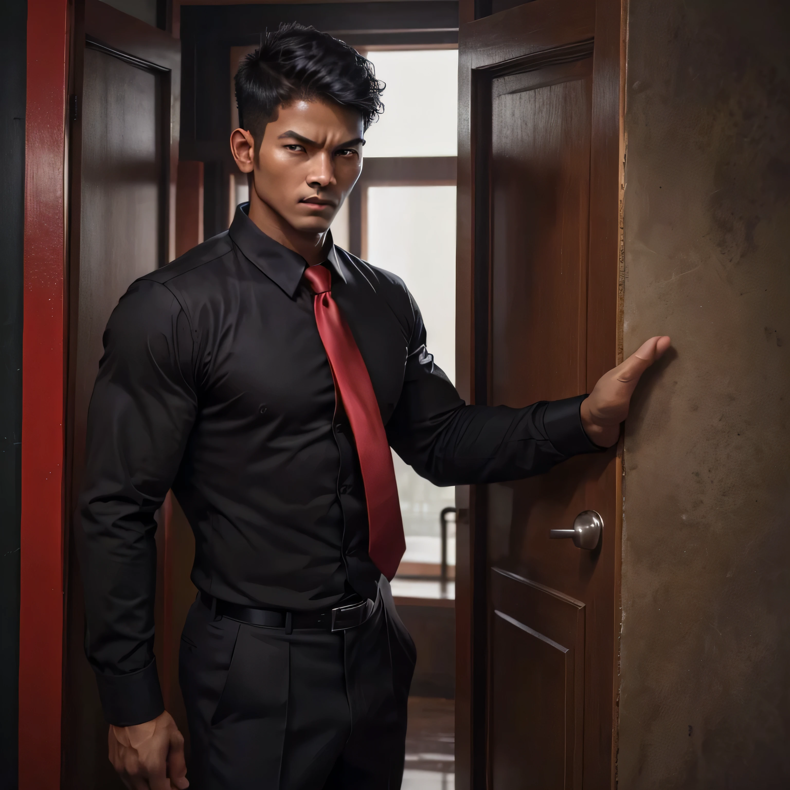 33 years old,One Man,、Handsome。Black Shirt、Red tie、、Dhaka - Fighters、Lookout、indoor。In front of the door、logic,Gay ,Short Hair、　,Asian Face,、　Menacing look　　