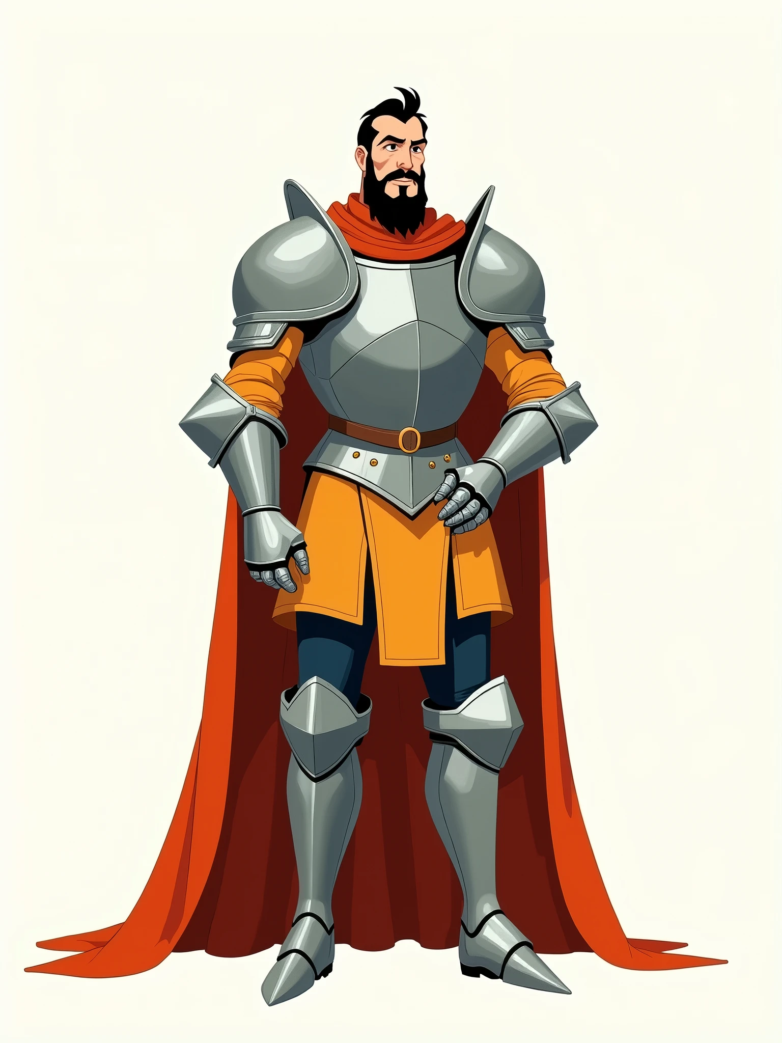Spanish knight Don Quixote's minimalist fusion of 1950s classical Disney and Studio Ghibli art styles gigantic silver shoulder armor and gigantic cuirass orange and brown clothing with white background