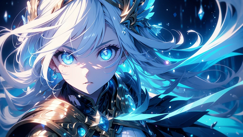 masterpiece, 1girl, armor, spell, mage, Water Spirit Undine, scary, glow, particles, shining brightly eyes, stunning, spectral, snow, gorgeous, perfect face, expressive eyes, cute,
