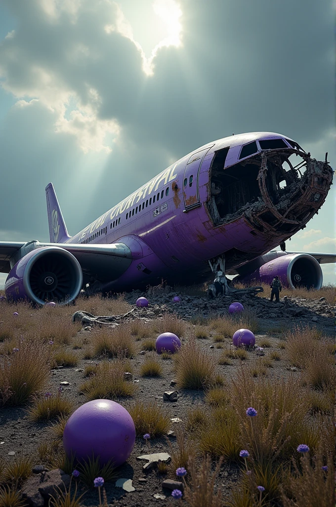 A very DESTROYED purple airplane in many parts