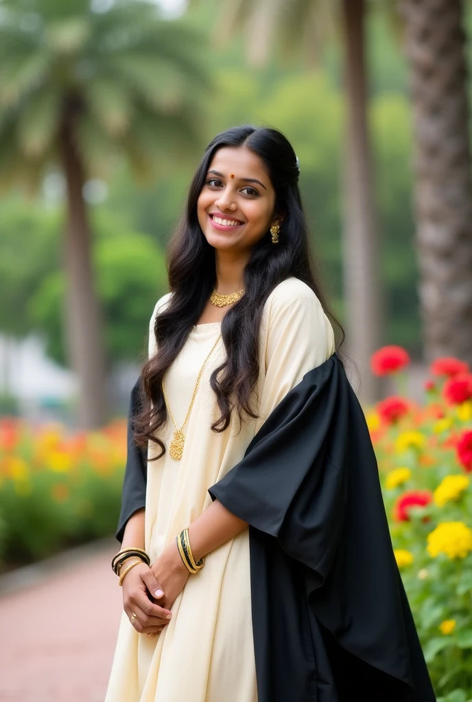 Indian girl with Cream colour chudidar with black graduation gown 
