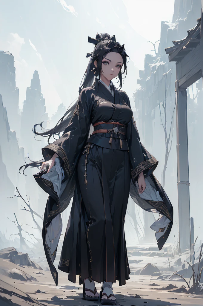 ((((High resolution, Intricate details, masterpiece, 8k, from front)))), (((beautiful, Muscular, kimono, kimono, Big Sword))), ((One Woman, Glaring, cowboy shot, Are standing)), (Black Hair, Beautiful forehead, Long Hair, ponytail, slender, Waistline, Glowing Skin), from front, looking at viewer, look at viewer, town, Outdoor, bright, noon,