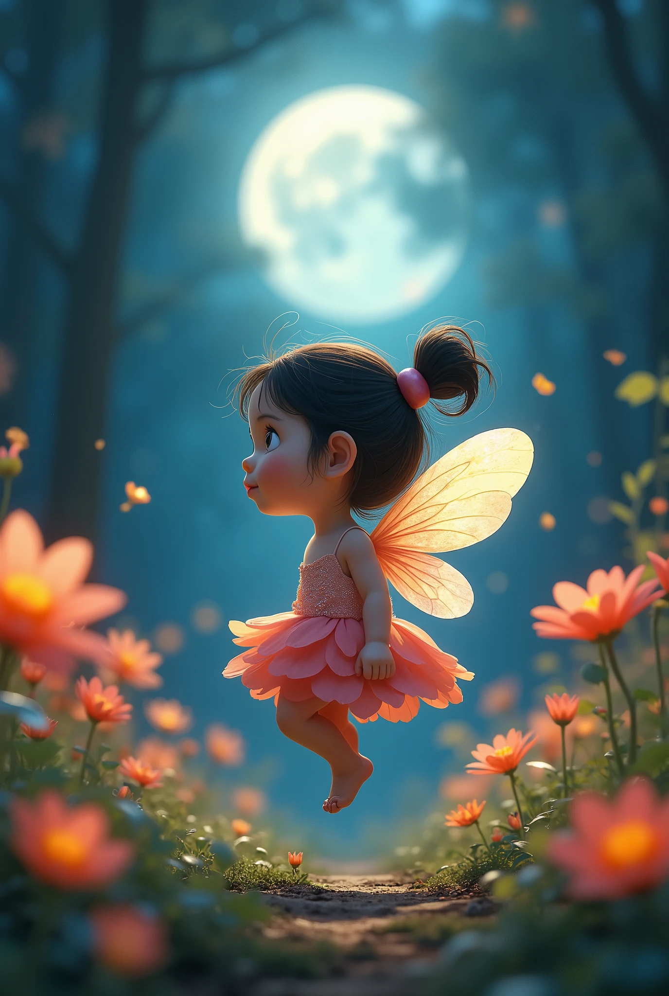 illustration，Fine lines，The lines are accurate，ln the forest，night moon，Mini cute 3  flower fairy, Chubby toot，Skirt made of petals，Huge flowers，Colorful colorful，Transparent colorful wings, Magic wand，closeup cleavage，Light attenuation，Glow effects，depth of fields，high light，Real light，Ray traching，oc rendered，Hyper-realistic，best qualtiy，8K，Works of masters，super-fine，Detailed pubic hair，Correct anatomy，sharp focus on eyes，Bokeh，Facial features are carefully depicted，in style of hayao miyazaki，Miyazaki animation style