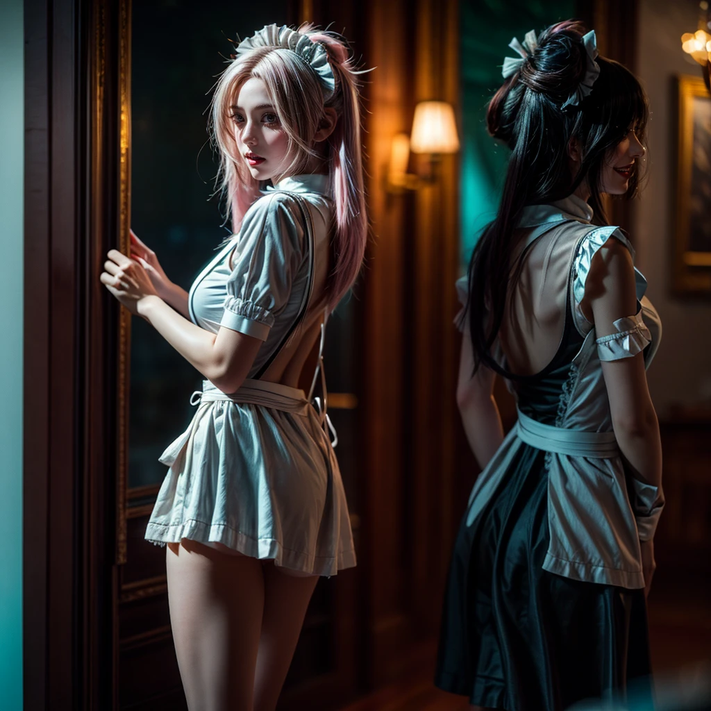 (Full Body of Extremely Detailed((Sexy Maid Group in a row:1.37))), KAWAII perfect face, Reflective Eyes, Detailed(Delicate Clothing textures), Correct Bewitching Leg Line, Dynamic Joyful Expressions LifeLike Rendering, Specular Reflection, TopQuality 8K Ultra-detailed masterpiece (ProfessionalPhoto:1.37), (Acutance:0.8), (Luminism:1.28), Renaissance art style, Colorful Light particles, ((Full body from side)), {MicroMini Skirt|Kissing|??????????|Thigh Gap|Roundly Cute AssFocus|(NakedApron with SideBoob)}, Radiant Fine Skin with Transparency, (Exposed:0.4), {Pink Hair|LightBlue Hair|Platinum Blonde|Pure White Hair|Liquid Hair}, Perfect Lighting