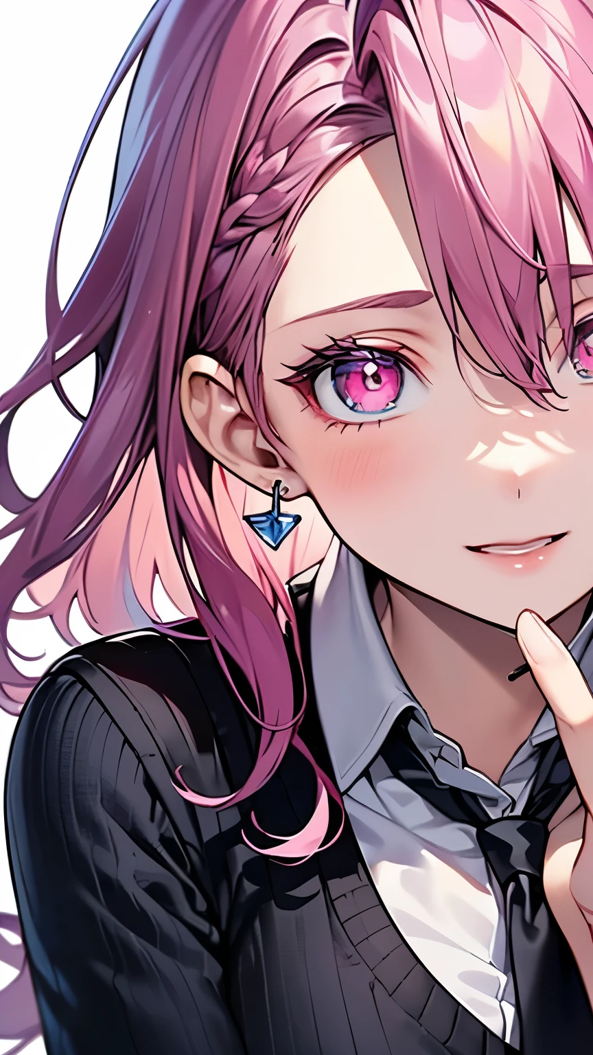 ((forehead:1.5、Standing、Earrings、Earrings、high school girl:1.5、uniform:1.5、school uniform:1.5、Dress shirt、Long tie、Checked mini skirt、low angle shot:1.5、Gal:1.5、frontal face:1.5、A calm face、Pink Hair、Northern Europe、White、beautiful girl:1.5、Pink Hair、White background、cute、Young、True Face、Shiny Hair、whole body))、overweight:1.5、masterpiece, best quality, ultra detailed, hyper detailed, beautiful, woman, medium shot, from front:1.5, leaping figure composition, midday, in focus with blurred background、 highest quality, figure, super detailed, finely, High resolution, 8k wallpaper, Perfect dynamic composition, detailed and beautiful eyes, Deco out,bionde, big breasts, Natural color lip,white background, random cute poses