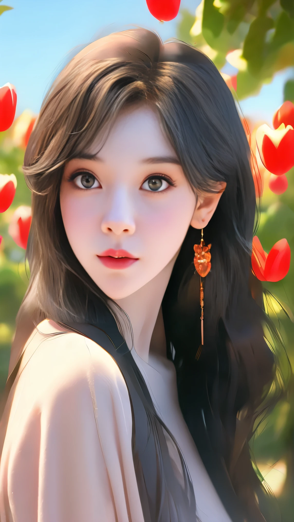 a beautiful girl with perfect facial features in a vivid, high-resolution 8k image, detailed and realistic lighting and shadows, surrounded by a fig tree with stunning red flowers, beautiful sky, tulips, and capturing a nostalgic, poetic moment, shot with a wide angle lens, HDR, and f1.8 aperture