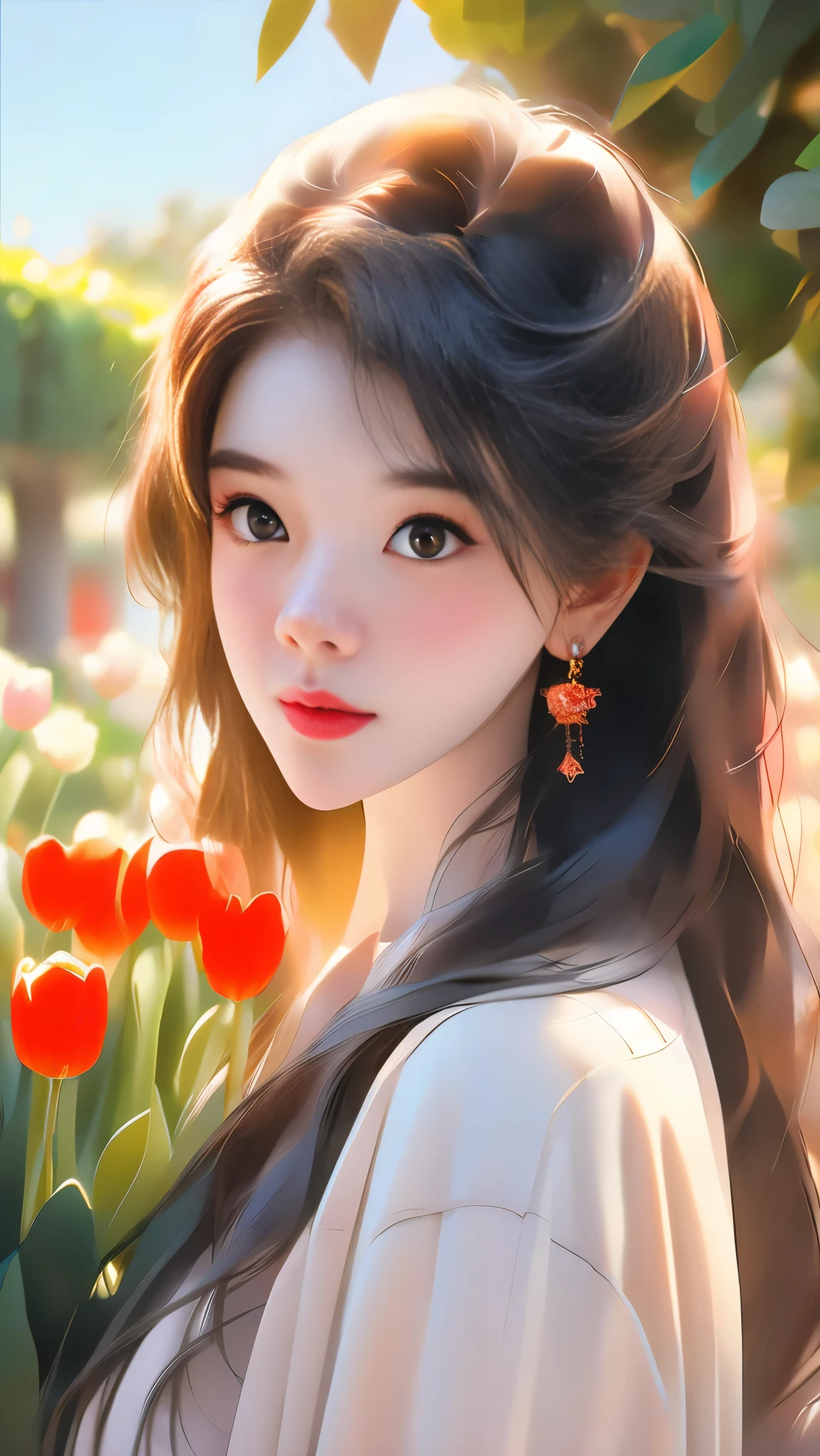 a beautiful girl with perfect facial features in a vivid, high-resolution 8k image, detailed and realistic lighting and shadows, surrounded by a fig tree with stunning red flowers, beautiful sky, tulips, and capturing a nostalgic, poetic moment, shot with a wide angle lens, HDR, and f1.8 aperture