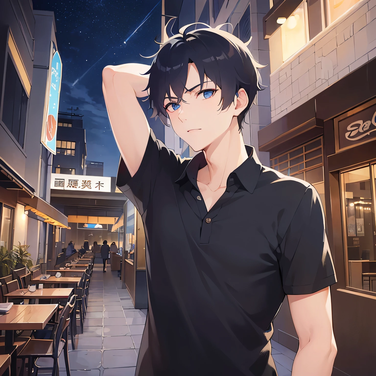 arm behind head, upper body、shiny skin, masterpiece、Highest quality、(25-year-old male:1.5) and (Black short hair) and (blue eyes), BREAK (black polo shirt) BREAK 立っている、(confused:1.2)、The background is a restaurant at night、alone