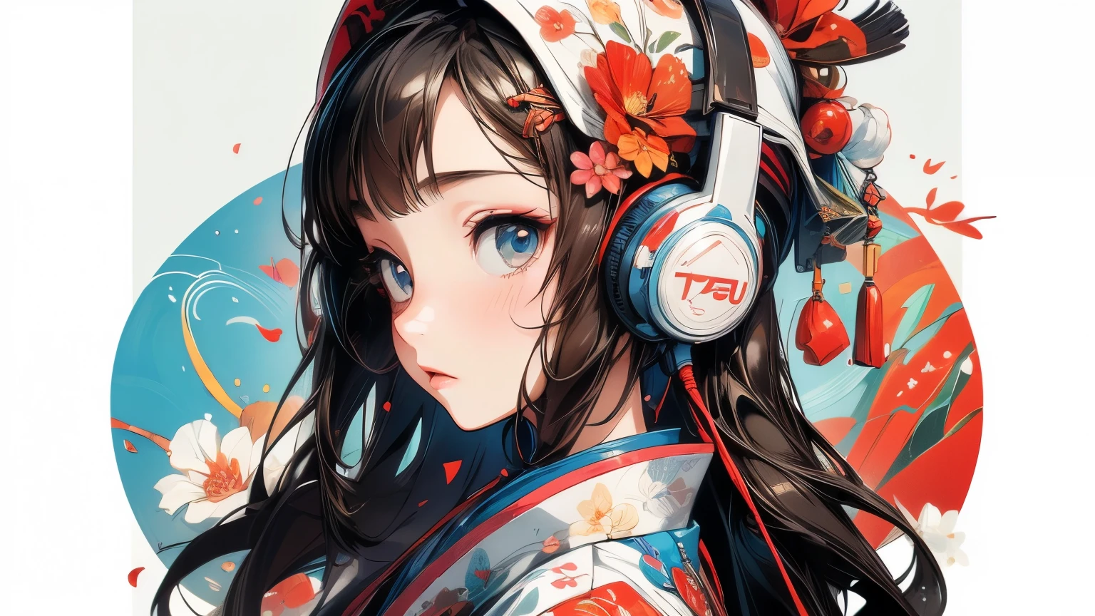 (masterpiece, High resolution, Highest quality), 20-year-old woman, Coordination of Japanese patterned haori, Petal Collage, abstract design, artistic juxtapositions, And handle background, warm color, mixed-media approach, Anime Style, Simple lines, Digital Painting, ((headphones)),