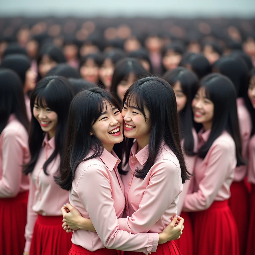 (Perfect Clone girls Photography Art), (16K, Highest quality, Ultra-high resolution, Unrealistic, A world of cloned girls multiplying, Real), (Japanese, Female college student, 20-year-old), (((((Small face, (((((Thick black hair, Semi-long hair)))))))))), ((Beautiful detailed girls, Accurate body structure, Very detailed body, ((((Big Breasts, J-Cup))), Emphasis on the fullness of a large chest))), (((Pale pink shirt, Red Skirt))), ((Dark Eyes, Cute Smile, A gentle gaze)), (((((Happy laughter))))), (((((Very detailed, 1girl-cloning))))), (((100girls), (6+girls), multiple girls))), (((A very perfect depiction of a doppelganger))), (((Very detailed, Perfectly the same girl, The exact same smile, Perfect same hair, Perfect same clothes, Perfect same J-cup))), (((((clone girls only))))), ((10,000girls)), ((1,000,000girls)), ((1,000,000,000girls)), (greeting, hug, Chest to Chest, hug), ((Pleasant conversation, Happy conversation, Staring at each other, spoil, Look next door, face to face, Daily conversation, Fun love story)), ((1,000,000,000,000,000,000girls)), ((1,000,000,000,000,000,000,000,000,000girls)), ((The sight of the ultimate super-crowded, Abnormal extreme crowding, Very extremely crowded)), (Soft Light, super wide view, (((((Extremely detailed ultra-perspective depiction, height difference)))))), (((Subject depth extremely shallow)))