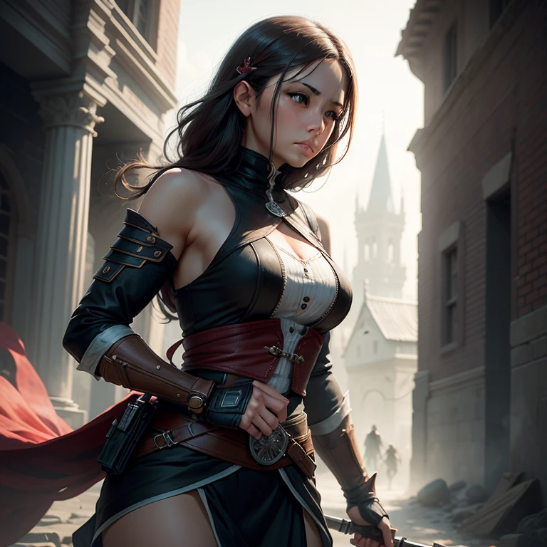 (best quality:1.2, realistic, vivid colors),dark hair,short and neatly arranged hair,dark aura,mysterious,elegant,dangerous,adjustable chainmail dress,daggers hanging from the belt
