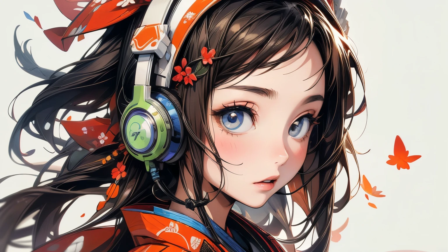 (masterpiece, High resolution, Highest quality), 20-year-old woman, Coordination of Japanese patterned haori, Petal Collage, abstract design, artistic juxtapositions, And handle background, warm color, mixed-media approach, Anime Style, Simple lines, Digital Painting, ((headphones)),