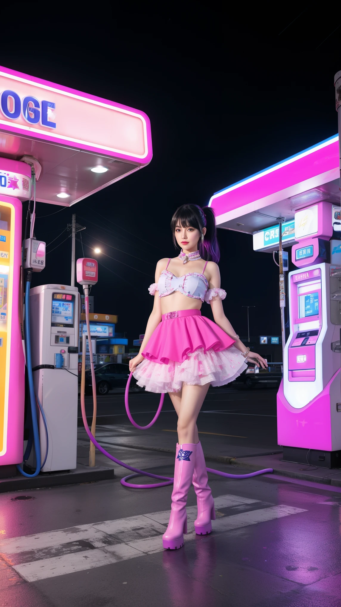 futuristic young woman, The dazzling costume、in a surreal atmosphere々Standing, Neon lights shine at the gas station. Gasoline pump, adorned with star, Floating in the air, The hose swings playfully. Vibrant pink and purple hues spread, Creates a surreal and otherworldly atmosphere, Monitiered layered skirt, Pink Boots, White pink heart print top, Unusual fashion choices, Black low ponytail with bangs