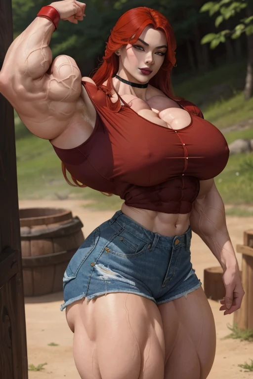 ((Close-up)), tall, (red hair) beautiful muscular asian woman, long hair, pale white skinned, closed smile, large breast, (black lipstick), (massive muscles), (hyper muscle), (ginormous bulky muscles), yellow eyes, (((red cowgirl shirt))), ((denim shorts)), choker, boots, in the wild Wild West,