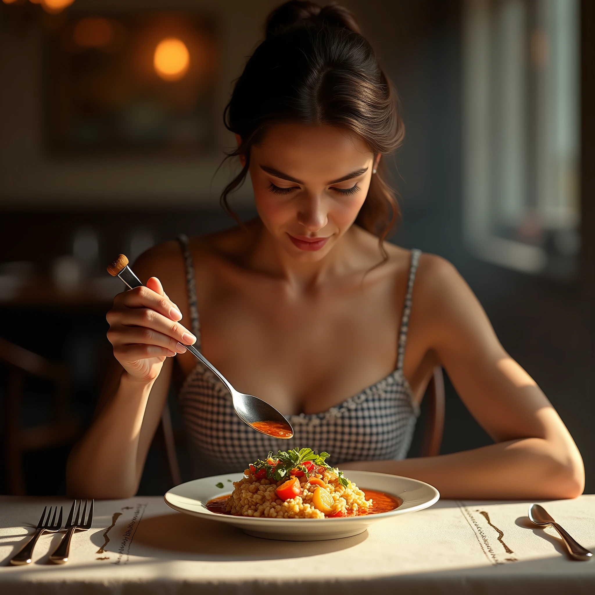 A stunning brunette Italian woman, Knotted hair at the back with a simple wooden stick, dressed in a sober and simple checked housewife dress, with a balconette neckline (The hem of the neckline is embroidered in white. On the edge of the neckline there is a thin white embroidery), sits at a table of a home cooking restaurant. (She looks at spoon:1.5). (focus on spoon:1.4). She's about to indulge in a gourmet dish, A steaming hot vegetable soup, a beautifully plated culinary masterpiece with artistic presentation. The woman is holding the spoon intent in the act of skewering a succulent Vegetable soup with rice. Slightly open mouth. Her eyes looking at spoon and soup light up with excitement as she takes a delicate smell, savoring the flavors. The soft ambient lighting of the restaurant highlights her graceful posture, creating a perfect blend of luxury dining and sophisticated beauty. , realistic, masterpiece, anatomically correct, textured skins, high details, high quality, [[photorealistic Chromatic aberration]], digital photograph, HDR, high contrast, (cowboy shot), realistic hands. [Entire scene is surrounded by mist, evoking a mysterious and eerie atmosphere. The lighting is dark and atmospheric, with smoke and fog adding a touch of sinister ambiance. Best quality image, HDR enhancement, showcasing the utmost level of detail and realism]. [8K, Best Quality, (highly detailed CG colored unity 8k wallpaper), (best photo), (best shadows), isometric 3D, octane rendering, ray tracing, highly detailed, (Best quality, 4K, 8k:1.2), absurdity, ultra detailed, (realistic, photorealistic, photorealistic:1.37), complex parts, HDR, (complex parts:1.12), (hyper detailed, hyper realistic, Soft lighting, spicy:1.2), (complex parts, Hyper detailed:1.15). Blurred foreground. (backlit), masterpiece, high quality, brightness, chromatic aberration, foggy smoke, shadows, contrast, (warm hue, warm tone), high details, natural reflections]. many details. Cinematic lights. photo