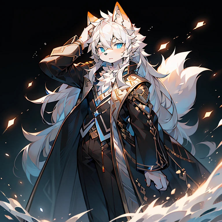 single person, orange wolf, male wolf, long white hair, fluffy wolf ears, light blue eyes, (High quality, resolution, 4K), upscale, eyesbrown white, (dark evironment 0.7), stylish right hand behind the head, left hand at the side body, white shirt, black jacket, medium size dark brown calana.