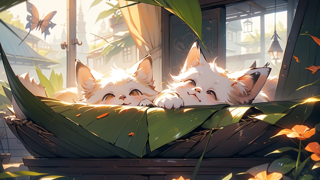There is a fox sleeping on the windowsill in the garden, The fox does not exist, The fur art is so beautiful, Cute Fox, Love fantasy fox, By Yang J, Cute detailed digital art, Relaxing concept art, Peaceful expression, cute digital paintings, Relaxed atmosphere, Beautiful fox, Relaxed mood, Relaxing environment, Cozy wallpaper, Trending on artstation pixiv