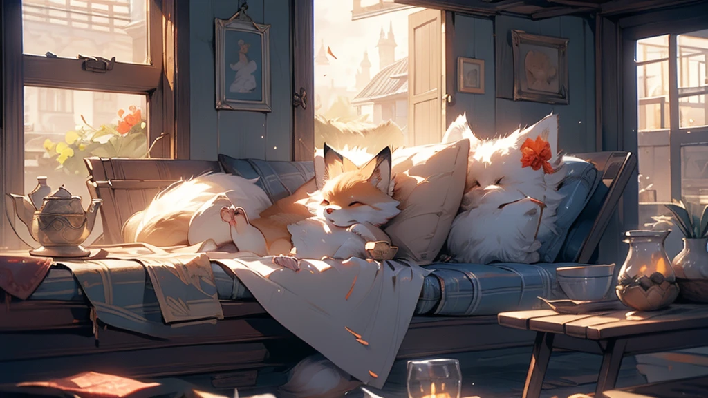 There is a fox sleeping on the windowsill in the garden, The fox does not exist, The fur art is so beautiful, Cute Fox, Love fantasy fox, By Yang J, Cute detailed digital art, Relaxing concept art, Peaceful expression, cute digital paintings, Relaxed atmosphere, Beautiful fox, Relaxed mood, Relaxing environment, Cozy wallpaper, Trending on artstation pixiv