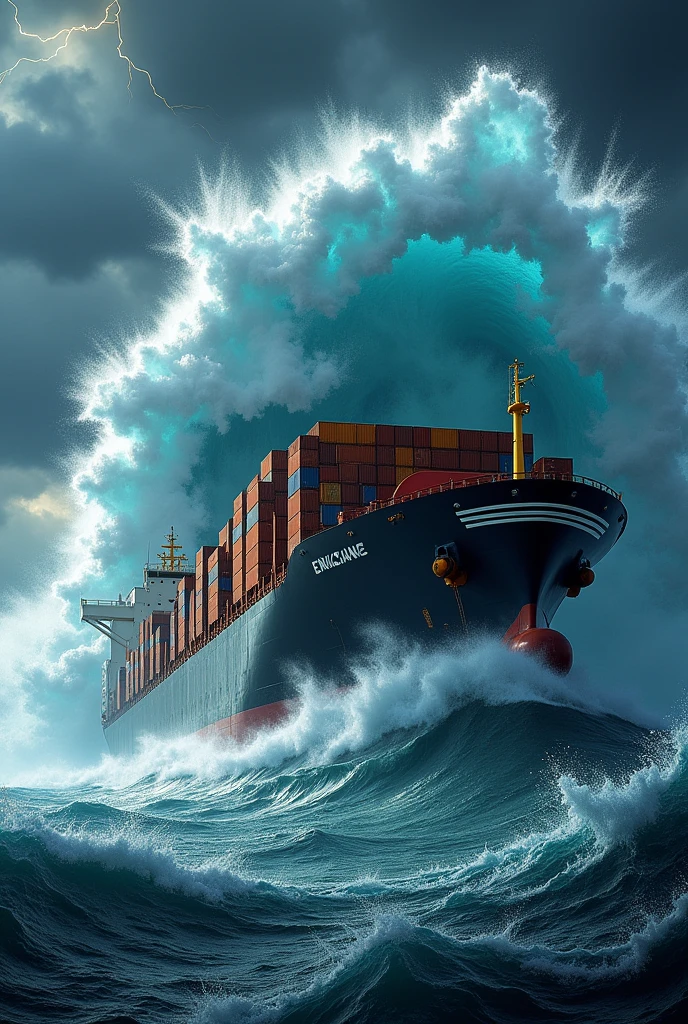 Image of a cargo ship hit by a large wave that caused it to accelerate forward