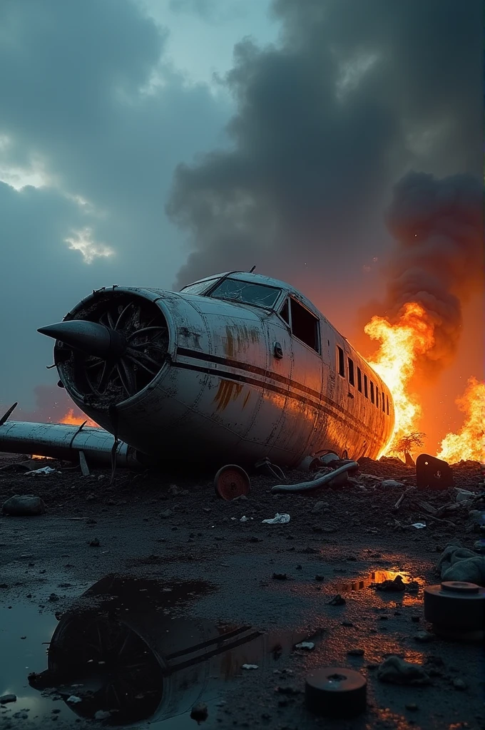A small plane in pieces and on fire inside