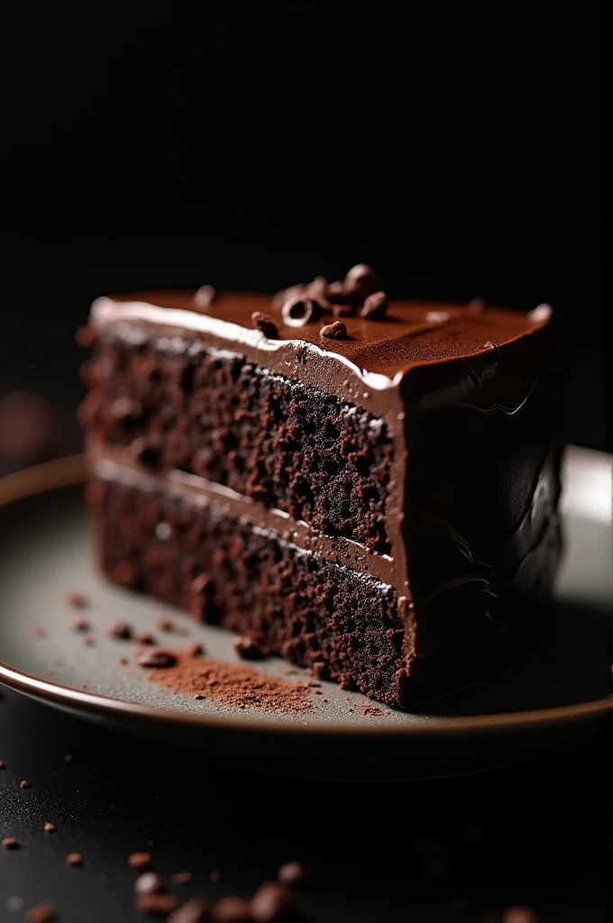cinematic film still chocolate, chocolate cake, dark background, quality photo, moist texture, frosting, studio photo, slice . shallow depth of field, vignette, highly detailed, high budget, bokeh, cinemascope, moody, epic, gorgeous, film grain, grainy