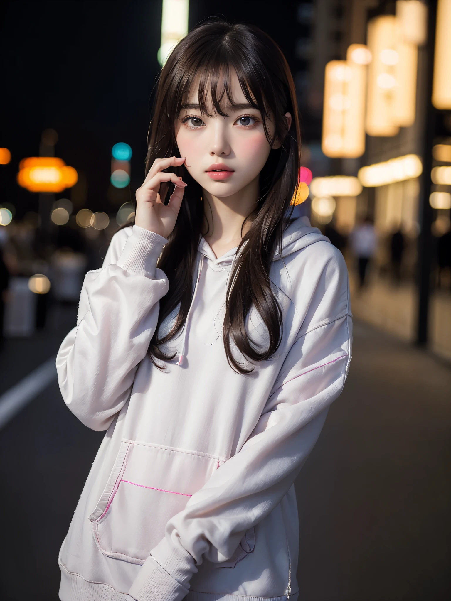 (masterpiece, Highest quality:1.4), , alone, (Beautiful Face, night:1.2), Violet, 8k, 15 years, Absurd, Upper Body, hoodie, View your viewers, No makeup, Film Grain, chromatic aberration, Sharp focus, Face Light, Sophisticated, (smile:0.5), (neon, street:1.1), Simple Background, Bokeh Background, [:Detailed aspect:10]