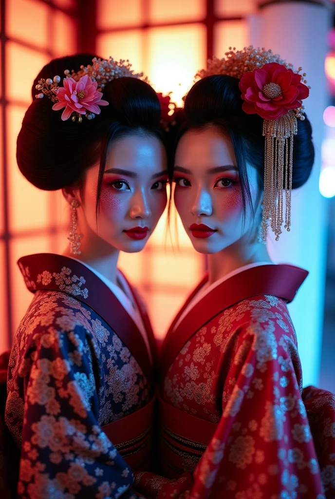 two asian women in kimonos pose for a picture, glamorous and sexy geisha, geisha makeup, beauty geisha, geisha make up, geisha, cyberpunk geisha, organic seductive geisha, kabuki makeup, japanese geisha, portrait of a beautiful geisha, geisha photo portrait, portrait of geisha, remarkable geisha make up