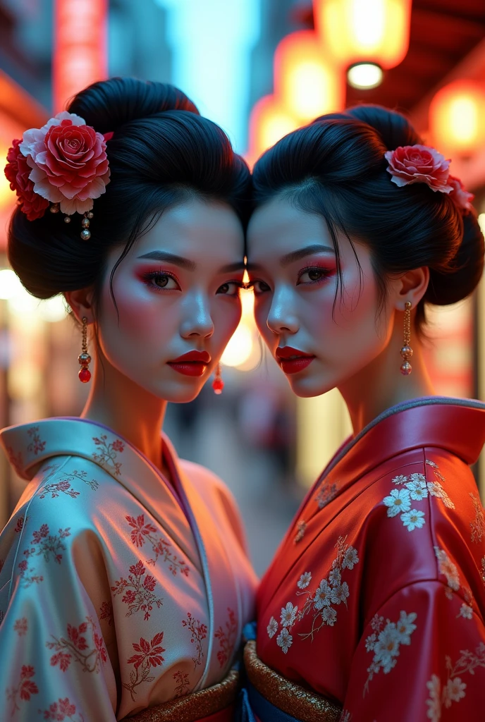 two asian women in kimonos pose for a picture, digital art inspired by Wang Duo, trending on cg society, digital art, glamorous and sexy geisha, geisha makeup, beauty geisha, geisha make up, geisha, cyberpunk geisha, organic seductive geisha, kabuki makeup, japanese geisha, portrait of a beautiful geisha