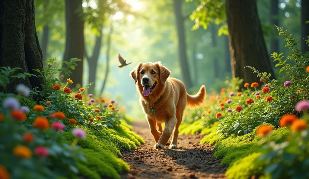 A dog walks in the forest