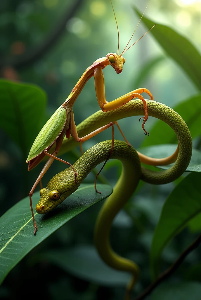A orchid mantis eating snake on a leaf