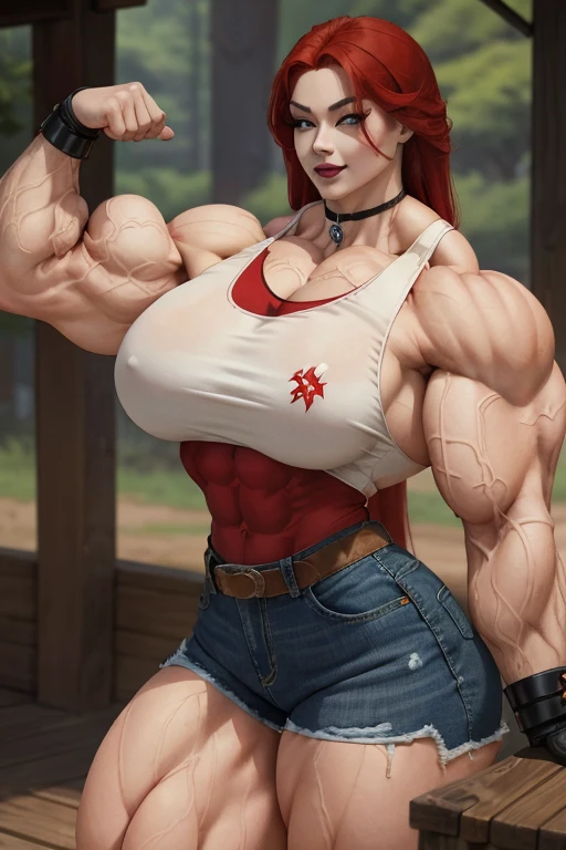 ((Close-up)), tall, (red hair) beautiful muscular asian woman, long hair, pale white skinned, closed smile, large breast, (black lipstick), (massive muscles), (hyper muscle), (ginormous bulky muscles), yellow eyes, (((red cowgirl shirt))), ((denim shorts)), choker, boots, ((flexing biceps)), in the wild Wild West,