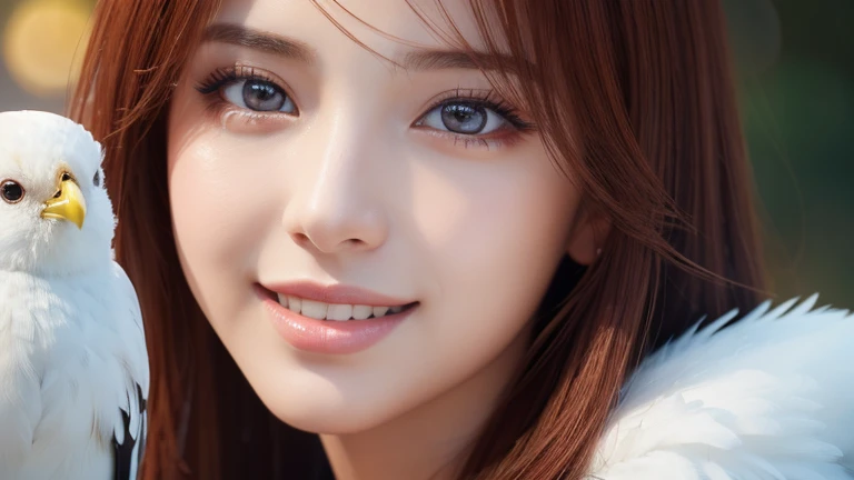 beautiful detailed eyes, beautiful detailed lips, extremely detailed eyes and face, longeyelashes, 1girl, japanese girl, smiling, red hair, holding a bird, realistic, cinematic lighting, (best quality,4k,8k,highres,masterpiece:1.2),ultra-detailed,(realistic,photorealistic,photo-realistic:1.37),HDR,UHD,studio lighting,ultra-fine painting,sharp focus,physically-based rendering,extreme detail description,professional,vivid colors,bokeh,portrait