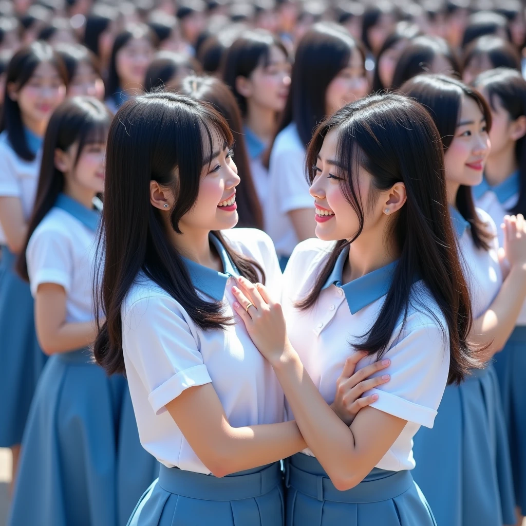 (Perfect Clone girls Photography Art), (16K, Highest quality, Ultra-high resolution, Unrealistic, A world of cloned girls multiplying, Real), (Japanese, Female college student, 20-year-old), (((((Small face, (((((Thick black hair, Semi-long hair)))))))))), ((Beautiful detailed girls, Accurate body structure, Very detailed body, ((((Big Breasts, J-Cup))), Emphasis on the fullness of a large chest))), (((White shirt, Blue Skirt))), ((Dark Eyes, Cute Smile, A gentle gaze)), (((((Happy laughter))))), (((((Very detailed, 1girl-cloning))))), (((100girls), (6+girls), multiple girls))), (((A very perfect depiction of a doppelganger))), (((Very detailed, Perfectly the same girl, The exact same smile, Perfect same hair, Perfect same clothes, Perfect same J-cup))), (((((clone girls only))))), ((10,000girls)), ((1,000,000girls)), ((1,000,000,000girls)), (greeting, hug, Chest to Chest, hug, Cuddly love), ((Pleasant conversation, Happy conversation, Staring at each other, spoil, Look next door, face to face, Daily conversation, Fun love story)), ((1,000,000,000,000,000,000girls)), ((1,000,000,000,000,000,000,000,000,000girls)), ((The sight of the ultimate super-crowded, Abnormal extreme crowding, Very extremely crowded)), (Soft Light, super wide view, (((((Extremely detailed ultra-perspective depiction, height difference)))))), (((Subject depth extremely shallow)))