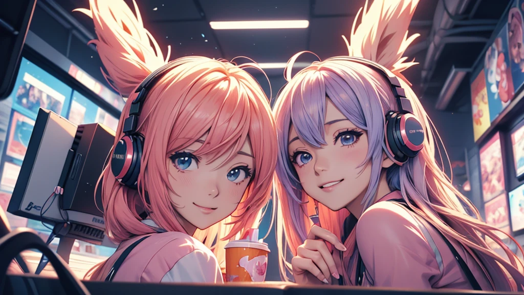 A woman wearing headphones, Anime Style 4 k, anime wallpaper 4k, anime wallpaper 4k, 4k anime wallpaper, anime art wallpaper 4k, anime art wallpaper 4k, Anime Style. 8k, Anime atmosphere, Ultra HD Anime Wallpaper, Anime Art Wallpaper 8K, Anime Background、hamburger、hamburgerを食べる