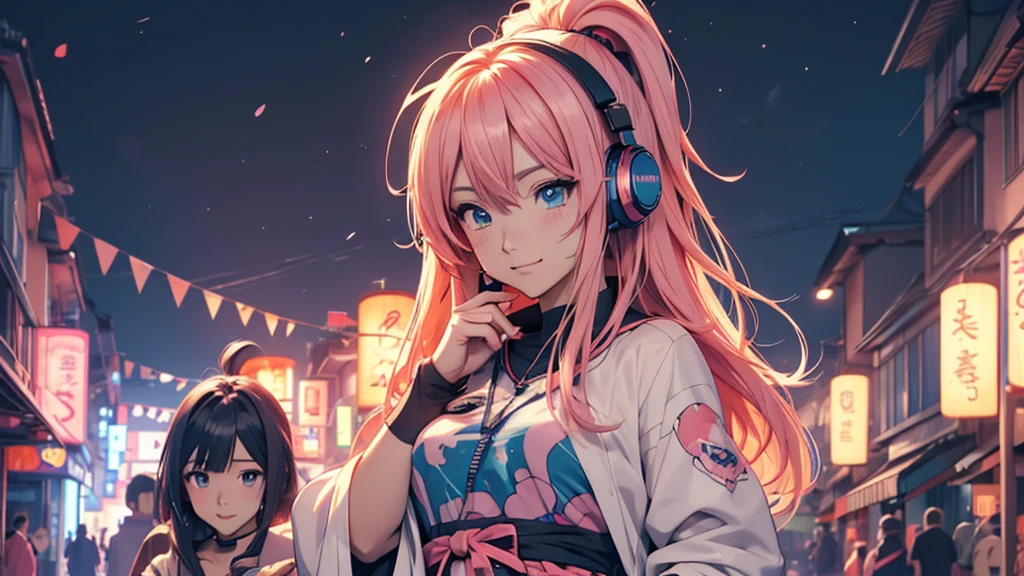 A woman wearing headphones, Anime Style 4 k, anime wallpaper 4k, anime wallpaper 4k, 4k anime wallpaper, anime art wallpaper 4k, anime art wallpaper 4k, Anime Style. 8k, Anime atmosphere, Ultra HD Anime Wallpaper, Anime Art Wallpaper 8K, Anime Background、hamburger、hamburgerを食べる