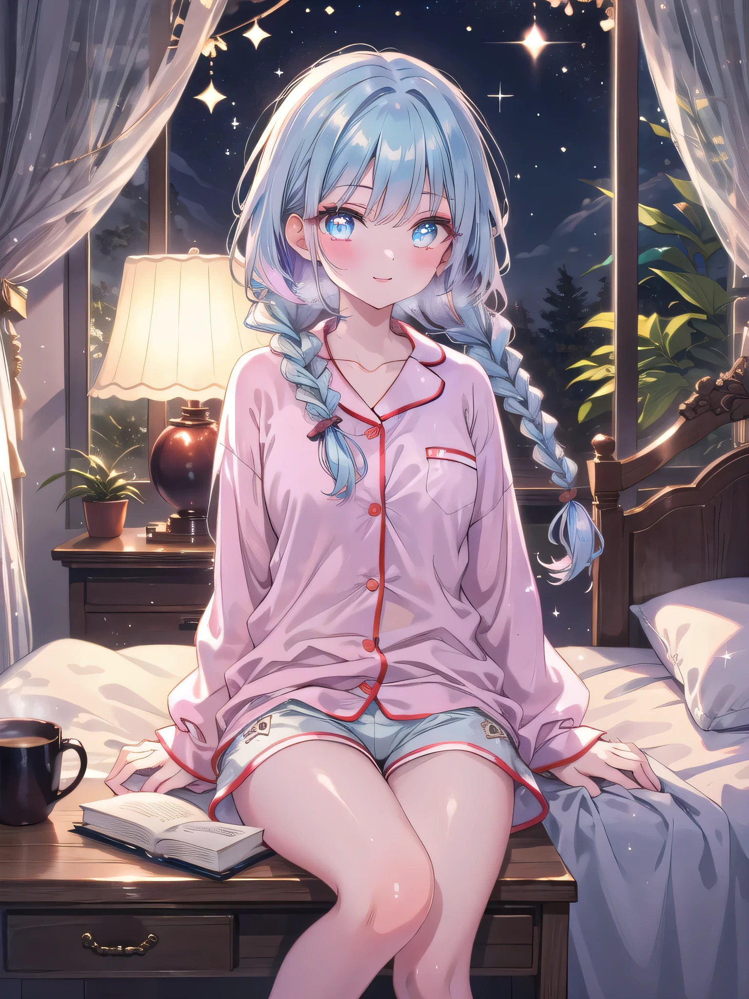 ((8k, Highest quality, masterpiece: 1.3)),Ultra-high resolution,(1 girl, alone), (Color changing eyes, Ultra-detailed, Expressive brilliance, Glitter, Glowing Eyes), Highly detailed eyes, Highly detailed face, Random Hair, ((pastel colour))Stretching Before Bed
The woman is in her bedroom, performing a few gentle stretches before heading to bed. She’s dressed in a casual tank top and pajama pants, her hair tied back in a loose ponytail. The room is softly lit by a warm-toned lamp on the nightstand, casting a cozy glow that contrasts with the dark, starry sky visible through the window. She reaches down to touch her toes, glancing up at the camera with a relaxed, content expression, as if sharing this peaceful, end-of-day ritual. The background includes a neatly made bed with a thick, fluffy duvet and a few decorative pillows, adding to the calm, inviting atmosphere of the scene.