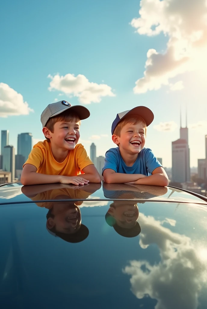 A realistic photo of two young boy sitting on
BMW i7 sunroof
