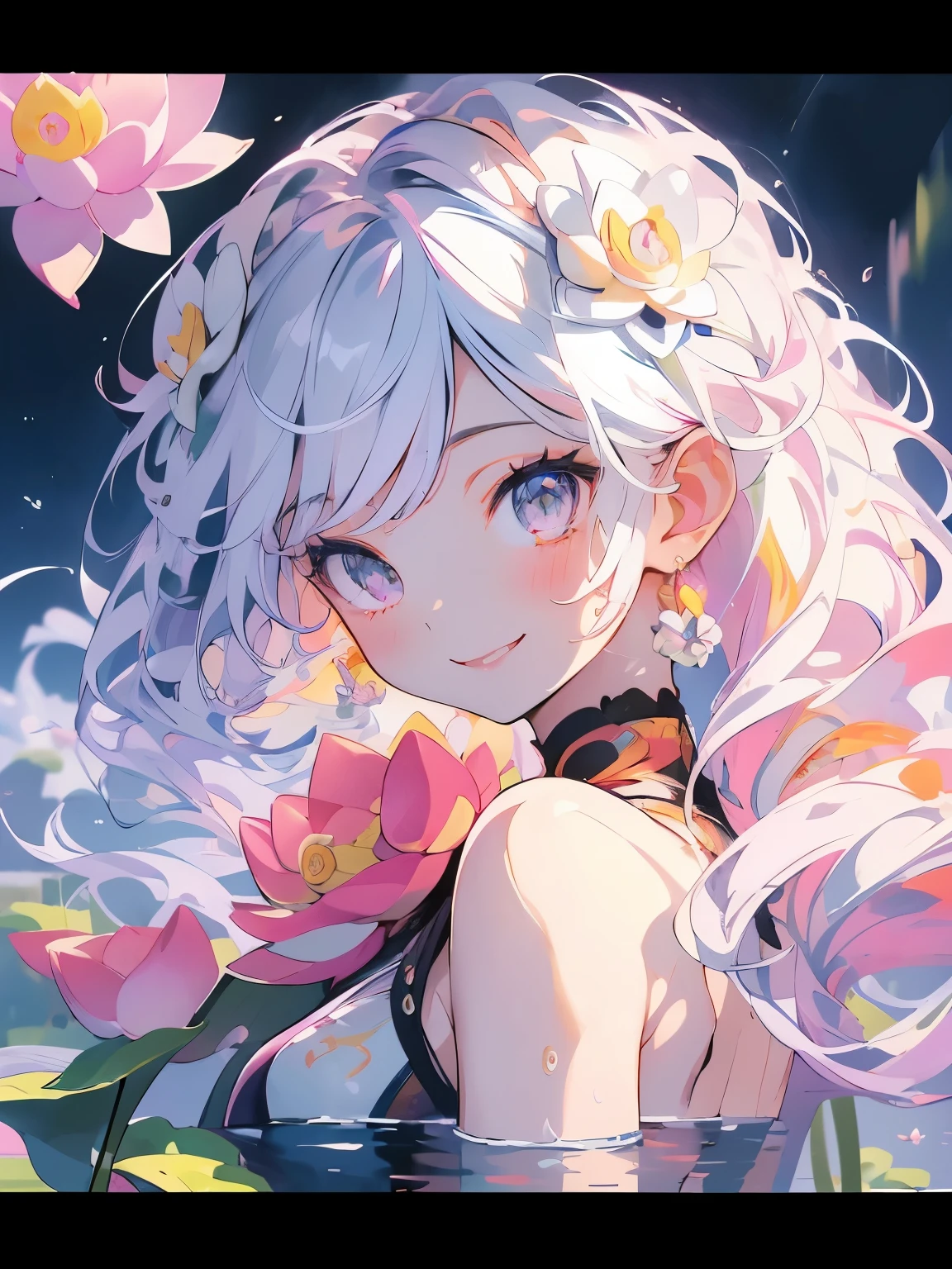 Masterpiece、smile、Anime Girls、White Hair、Long Hair、Cute Anime Girls、smile、(((Lotus flower)))、Lots of lotus flowers、Upper Body、fractal art、Gwaiz、Pool、garden