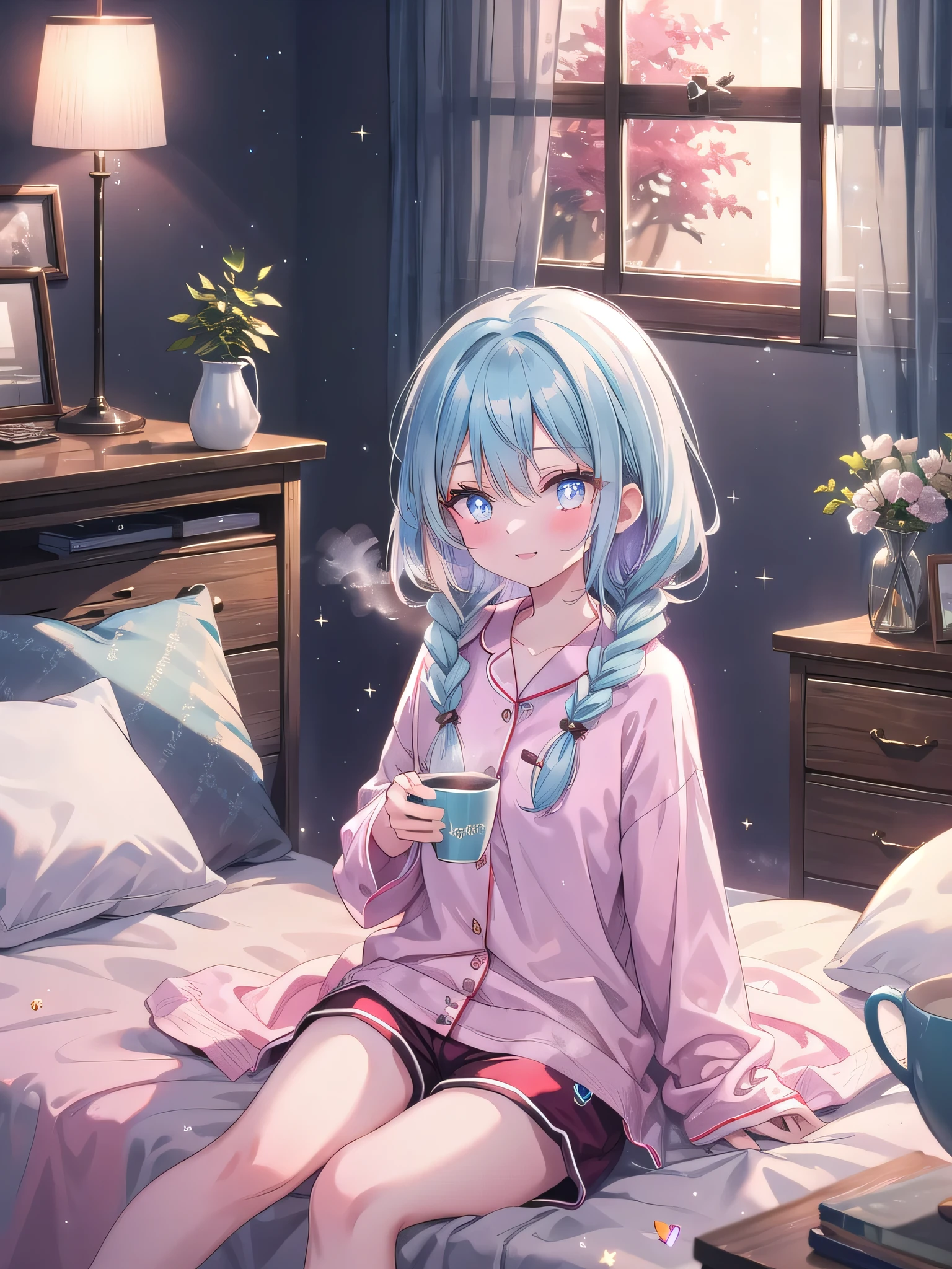 ((8k, Highest quality, masterpiece: 1.3)),Ultra-high resolution,(1 girl, alone), (Color changing eyes, Ultra-detailed, Expressive brilliance, Glitter, Glowing Eyes), Highly detailed eyes, Highly detailed face, Random Hair, ((pastel colour)),A beaming young woman with pastel blue hair styled into twin braids, sitting at her desk in her softly lit bedroom during a quiet evening. She is dressed in a simple yet subtly sexy pajamas cosplay, wearing a soft, oversized sleep shirt and matching shorts. The camera captures her from an overhead angle as she smiles brightly, her expression full of relaxation and comfort. The room is warmly lit by a bedside lamp, with a few cozy blankets, a steaming cup of tea on the desk, and a serene, peaceful atmosphere that evokes the calm of a quiet night in.