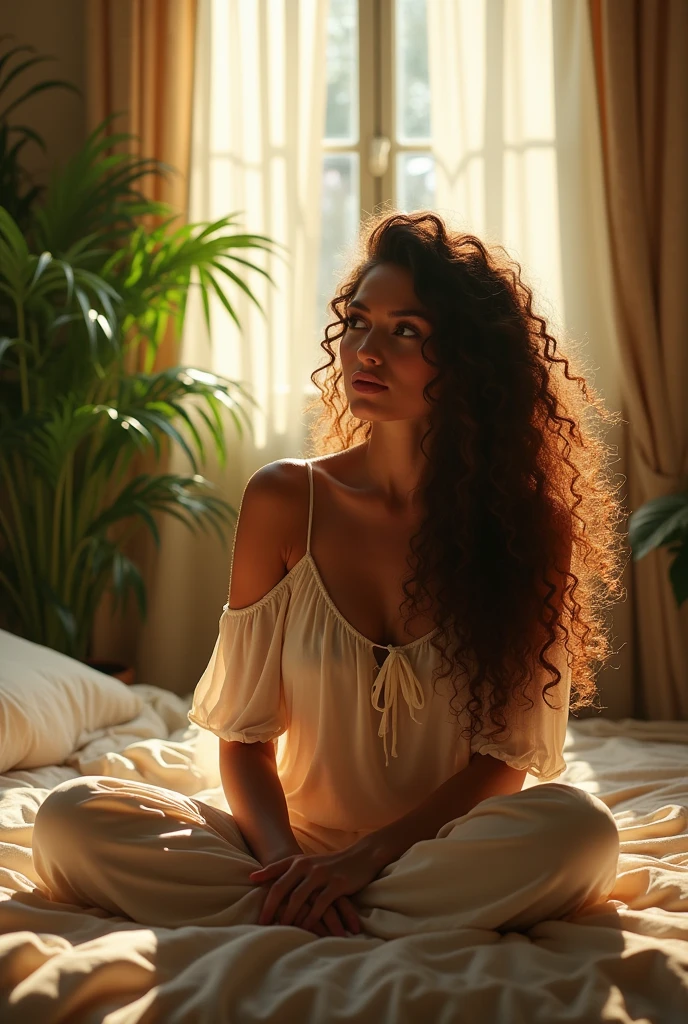 (photorealism:1.2), beautiful woman, sitting on bed, wearing loose off-shoulder top, pajama pants, long curly hair, indoors, soft lighting, plants in background, window with sunlight, cozy room, relaxed pose, realistic, intricate details, warm colors, by Greg Rutkowski, by Alphonse Mucha