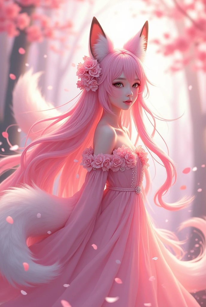 Nine snow-white fox tails (1.0), milky fox tail (1.0), fox close-up of nine tails, nine-tails, nine-tails, anime woman with pink hair and pink dress with flowers on her hair, very beautiful anime fox deity, beautiful anime fox woman, beautiful fantasy anime, guweiz, anime girl with fox ears, beautiful anime woman, very beautiful and cute fox woman, pink flower rain, background blur, anime style 4 K, anime fantasy artwork, 4k anime wallpaper, Artwork in the Guvez style