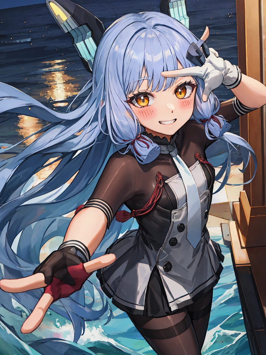 Portrait, official art, best masterpiece, best quality, best resolution, 8K, best detailed, perfect anatomy
BREAK
(bust up shot), finger frame, (Hair fluttering in the wind), facing to viewer,
BREAK
(smile), blush, happy, grin
BREAK
murakumo_kantaicollection, long_hair, hair_ribbon, ribbon, headgear, bangs, grey_hair, sidelocks, blunt_bangs, tress_ribbon, amber color, necktie, dress, gloves, sailor_dress, white_gloves, 1 gilr , solo, (small breasts:1.2)
BREAK
(night, midnight, darkness:1.3), (sea, on the sea, sky), dust, dust, light particles very fine and detailed 16KCG wallpapersrs