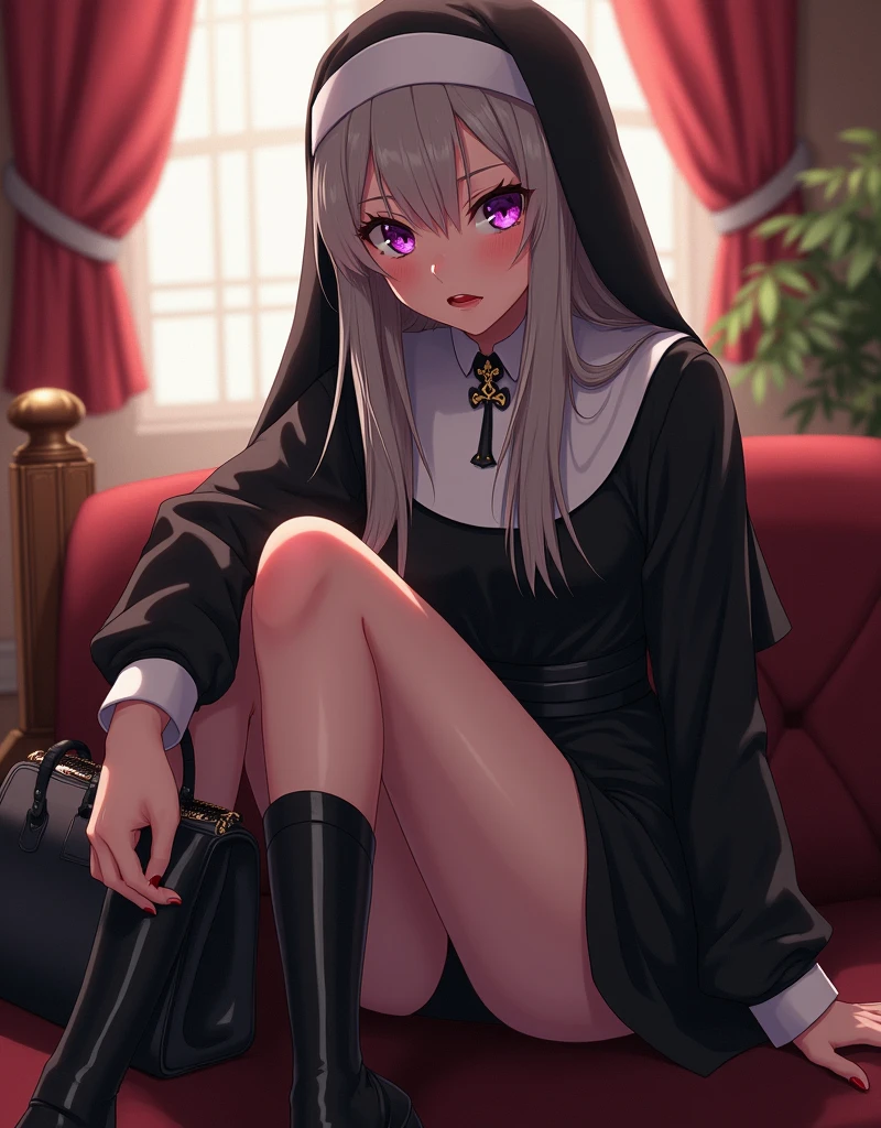 Young and beautiful woman,(Highest quality,Extremely detailed depiction,Incredible high resolution,Anatomically accurate depiction,Curvy Legs,Nice hands,Perfect Fingers),(Glowing Skin,Oilskin),(Nuns,複雑な光沢のあるNunsの服,long handbag),eyelash,(Intense glowing purple eyes,Crazy Eyes,There is cleavage in the chest,Captivating smile,Glossy Red Lips,A pose where both hands are extended towards the screen,palm),Sweat,whole body,Sitting,Focus on hand:1.5,Anime Art