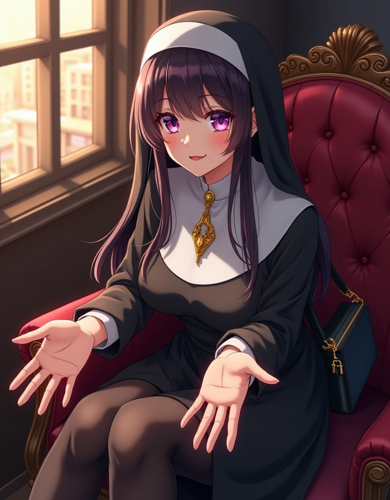 Young and beautiful woman,(Highest quality,Extremely detailed depiction,Incredible high resolution,Anatomically accurate depiction,Curvy Legs,Nice hands,Perfect Fingers),(Glowing Skin,Oilskin),(Nuns,複雑な光沢のあるNunsの服,long handbag),eyelash,(Intense glowing purple eyes,Crazy Eyes,There is cleavage in the chest,Captivating smile,Glossy Red Lips,A pose where both hands are extended towards the screen,palm),Sweat,whole body,Sitting,Focus on hand:1.5,Anime Art