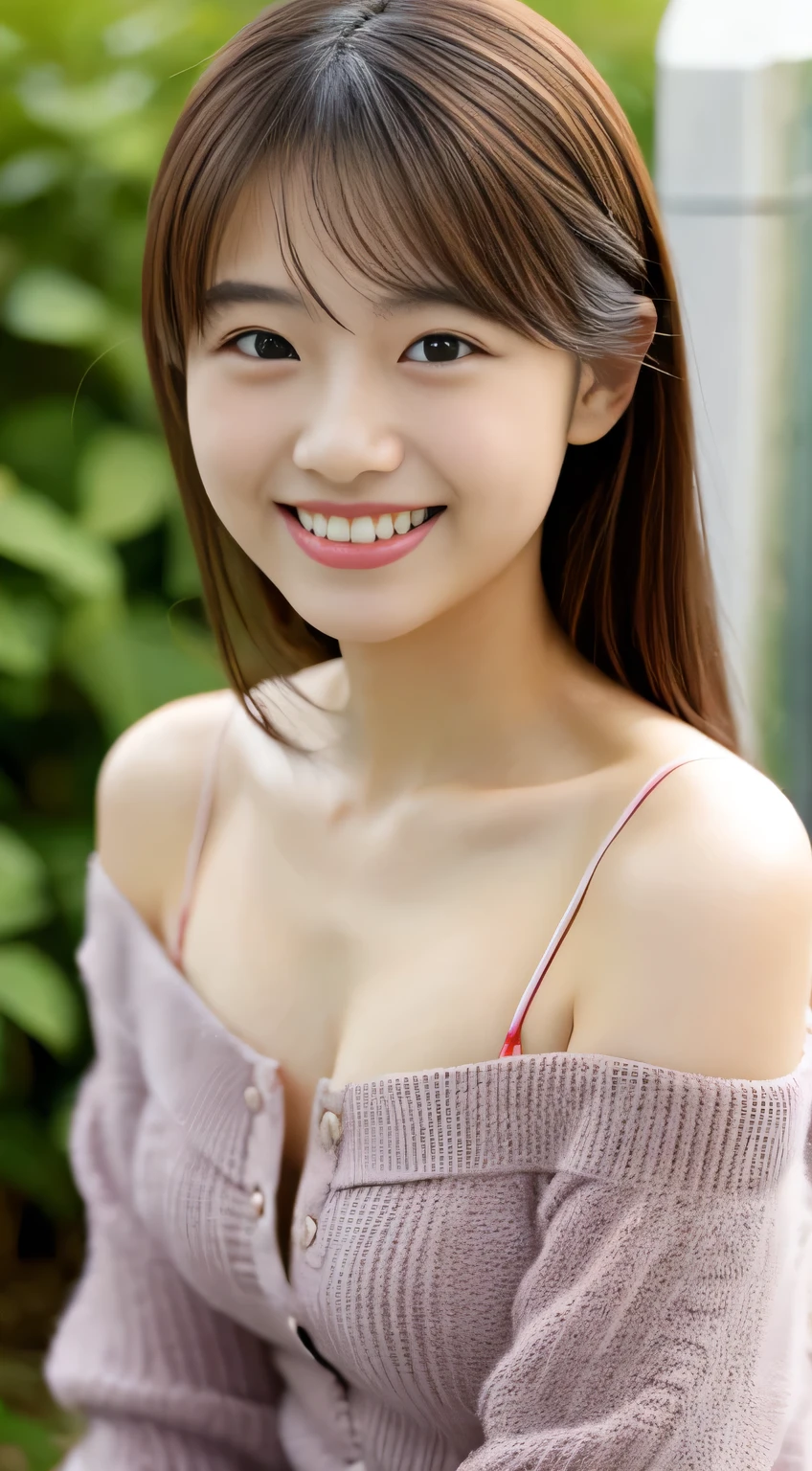 masterpiece,best quality,(Japanese girl),((Beautiful girl)),cleavage,(off shoulder:1.2),(perfect body beauty:1.2),(shy smile),beautiful teeth,From slightly above
