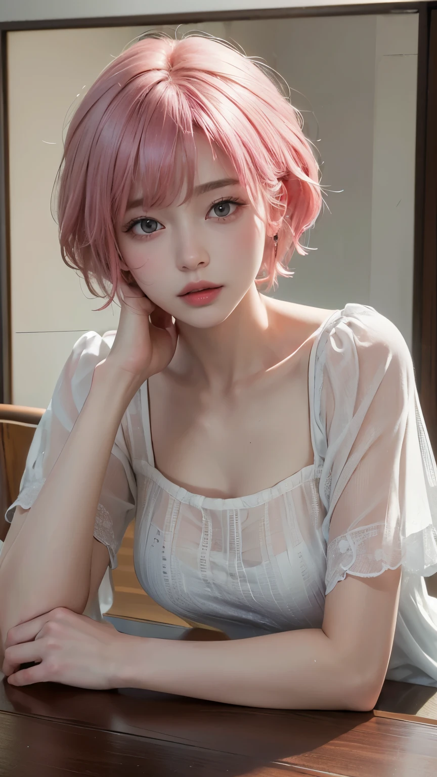 (8K, top-quality, masterpiece:1,2), (reallistic, Photorealsitic:1.37), Super Detail, One girl,), (Highly detailed), (beautifully detailed eyes), (of the highest quality), (super detailed ), (masterpiece), (Detailed face),20yr old, ,1 girl, ((pink hair,Very short hair)), medium breasts, clothed, Perfect Lighting, BREAK (abstract Cubism, Geometrization:1.3), digital art, simple background,
(wearing Dresses that turn into particles in pieces.:1.4), Butterflies fly,
BREAK
(wearing Dresses turning into particles of light:1.4),Butterflies fly,
BREAK
(pale tone:1.3),(immersing in pastel colored world), (soft diffused lighting), (multiple magical sparkles), BREAK smiling, covering face with right hand, holding dress with left hand, white background, (soft diffused light:1.4), (pastel colored particles:1.6), butterflies, close-up