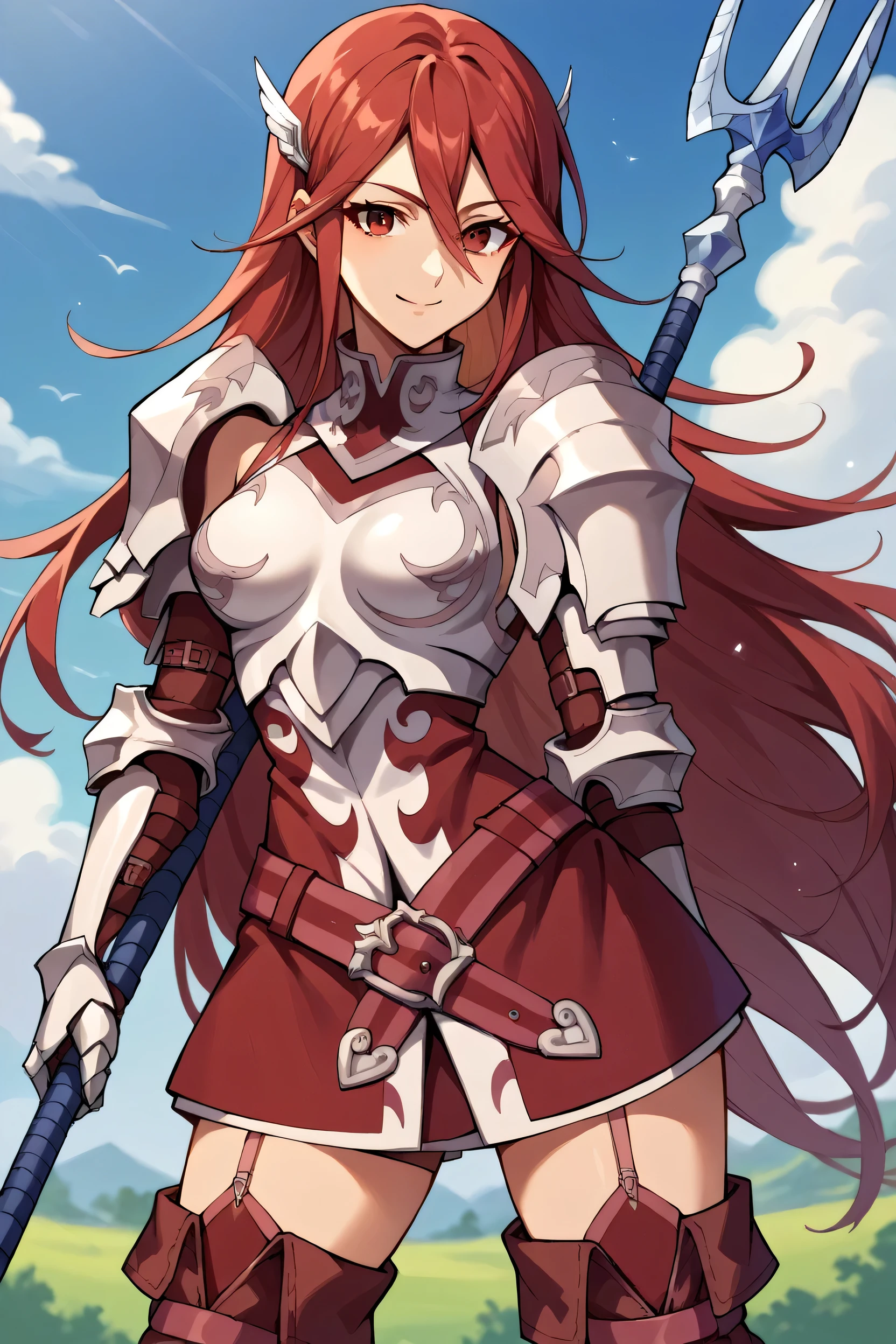 score_9, score_8_up, score_7_up, score_6_up, source_anime BREAK 1girl, solo, defCordelia, red hair, red eyes, wing hair ornament, red dress, short dress, armored dress, belt, gauntlets, garter straps, thigh boots, upper body, looking at you, smile, blue sky, clouds, holding polearm, holding weapon, spear